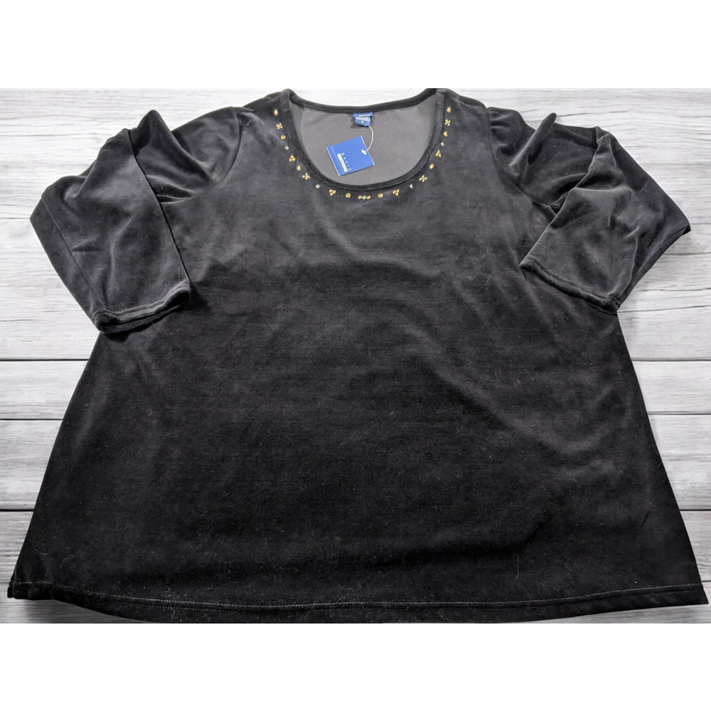 Vintage Basic Editions Shirt Plus Size 3X XXX Embellished Black Velvety Long Slv